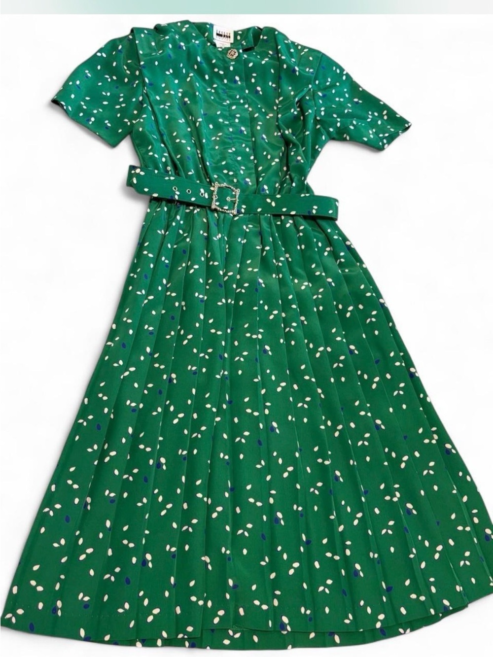 Leslie Fay Green Polka Dot Belted Midi Dress